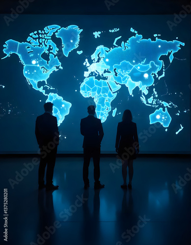 business people on the world Global business people silhouette team network abstract map.