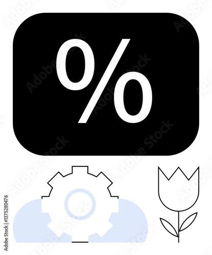 Large percentage sign above a gear icon and flower outline, symbolizing optimization, growth, collaboration, and sustainability. Ideal for finance, productivity, innovation, balance progress