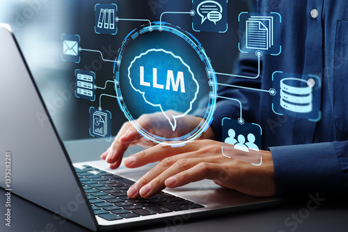 Obraz na płótnie LLM large language model and custom AI solutions. Artificial intelligence driven automation technology. Businessman using laptop computer for training and instructing AI. w salonie
