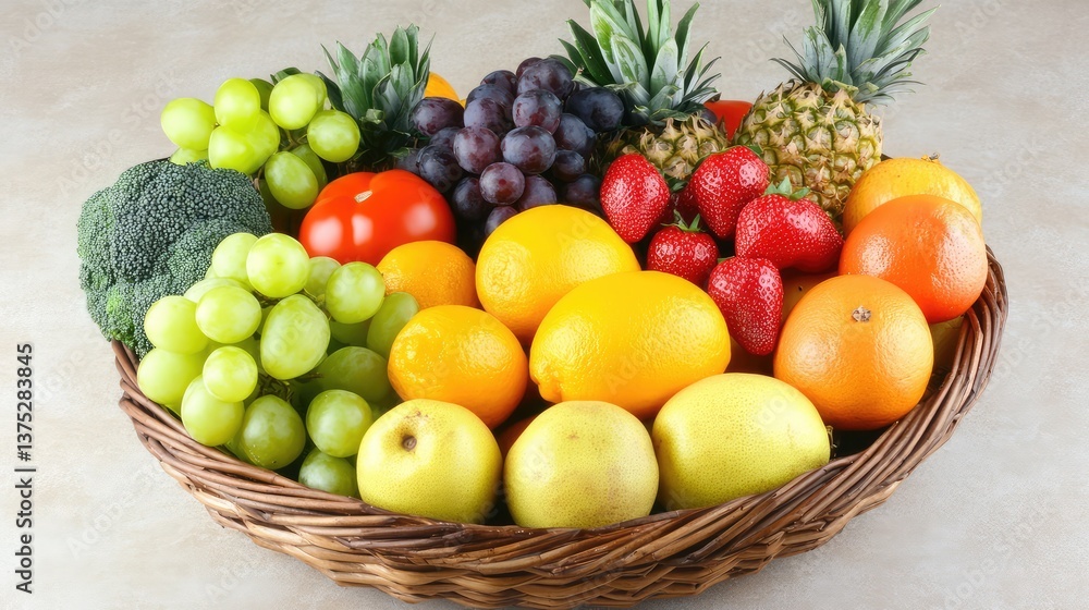 A selection of organic fruits and vegetables arranged in a basket, with clear space above for text or promotional messaging. A selection of organic fruits and vegetables arranged in a basket, with clear space above for text or promotional messaging.