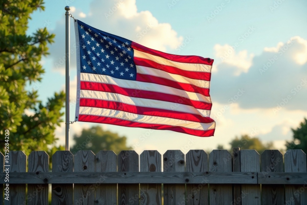 Fototapeta premium American flag waving in the wind on a brown wooden fence, rustic, flag