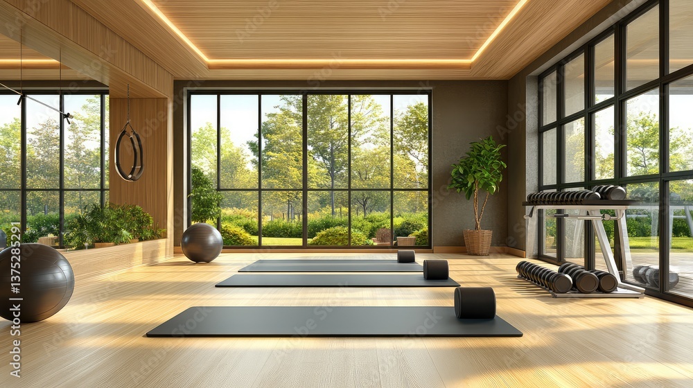 Fototapeta premium A spacious fitness studio with an open workout mat and mobility tools arranged for a stretching session, allowing for ample copy space.