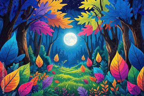 Enchanting Forest Artwork with Colorful Foliage and Bright Moonlit Background