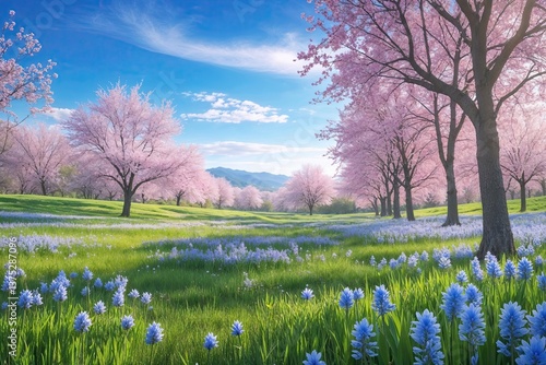 Wallpaper Mural Serene Spring Landscape with Bright Blue Sky and Blossoming Meadow in Sunny Natural Setting Torontodigital.ca