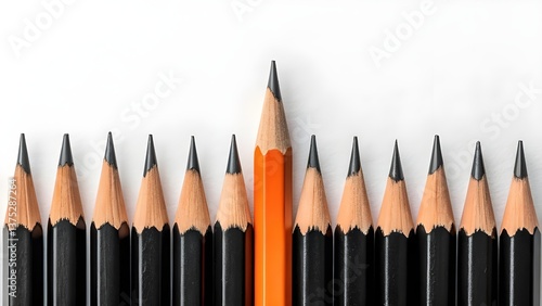 Celebrating Individuality: A Single Red Pencil Stands Out in a Neatly Aligned Row of Identical Black Pencils – Minimalist Composition