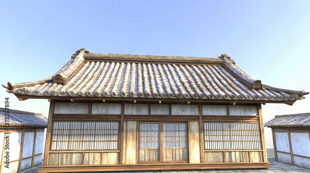 A traditional Japanese roof with detailed wooden beams and tiled shingles, set against a clear sky, leaving room for text or branding. A traditional Japanese roof with detailed wooden beams and tiled shingles, set against a clear sky, leaving room for text or branding.