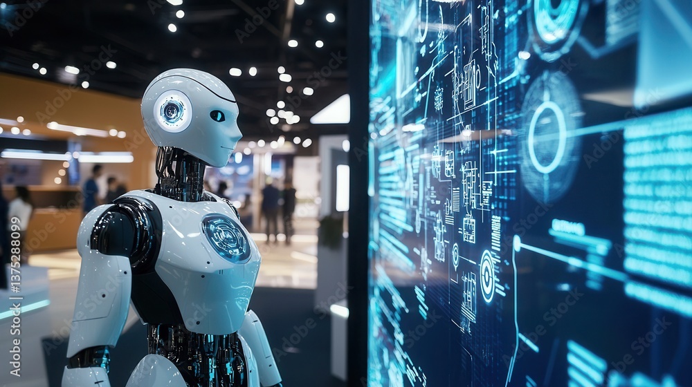 a large exhibition booth showcasing AI advancements, an interactive robot engaging with visitors, digital screens displaying real-time analytics and futuristic applications. a large exhibition booth showcasing AI advancements, an interactive robot engaging with visitors, digital screens displaying real-time analytics and futuristic applications.