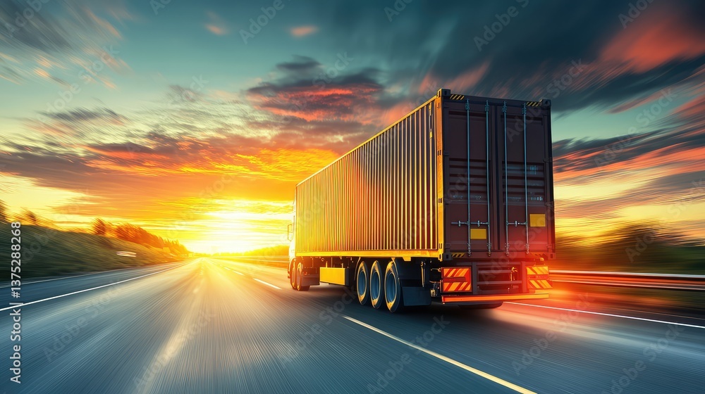A transport truck carrying a large load of goods down a wide-open highway, offering plenty of space for copy in the sky above. A transport truck carrying a large load of goods down a wide-open highway, offering plenty of space for copy in the sky above.