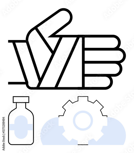Bandaged hand highlighting healing, medication bottle, and gear symbolizing medical care, wellness, and recovery. Ideal for healthcare, first aid, rehabilitation, productivity treatment support