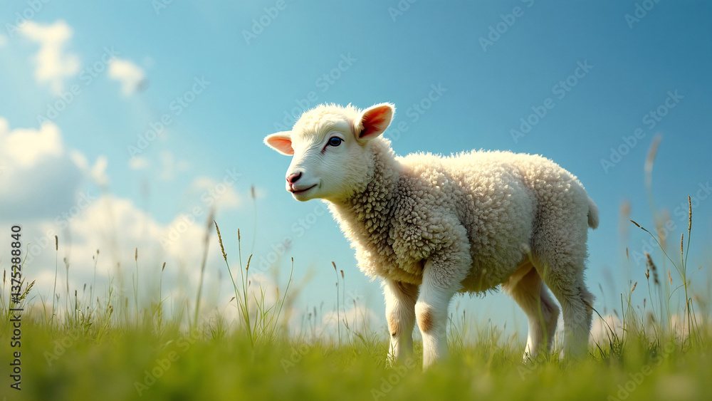 Fototapeta premium Cute lamb standing in a sunny green field