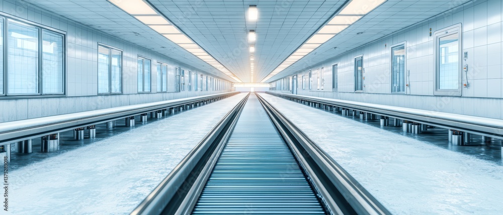 Obraz premium Conveyor belt moving engine parts through inspection tunnel, glowing scanner lights and steel aesthetics, watercolor style