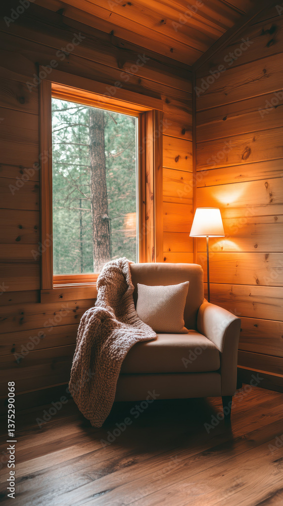 Fototapeta premium cozy reading corner with blanket and lamp in wooden room
