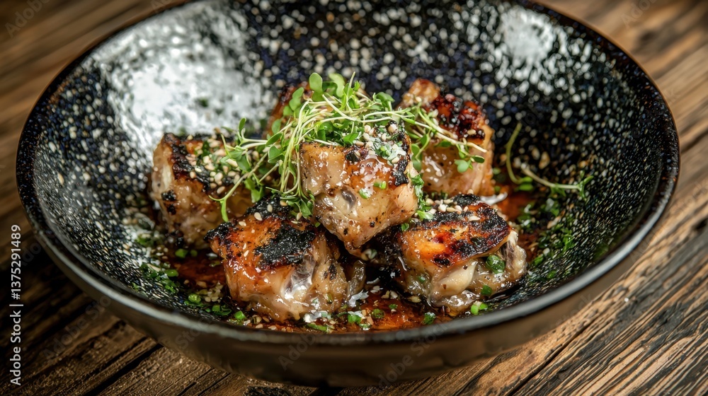 A bowl of crispy grilled chicken wings garnished with fresh herbs and spices, served on a rustic wooden table. A bowl of crispy grilled chicken wings garnished with fresh herbs and spices, served on a rustic wooden table.