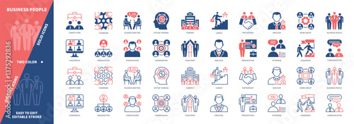 Business People icon set. Teamwork, Business Meeting, Partnership, Competitors, System Thinking, Career, Work Group, Employee. Duotone color solid and editable outline icons