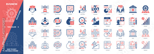 Business icon set. Investment, Budget, Business Meeting, Analysis, Economics, Vision, Goal Setting, Success, Planning. Duotone color solid and editable outline icons