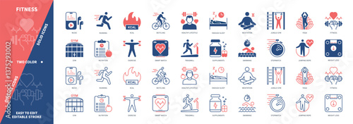 Fitness icon set. Gym, Yoga, Nutrition, Smart Watch, Kcal, Bicycle, Healthy Lifestyle, Supplements. Duotone color solid and editable outline icons
