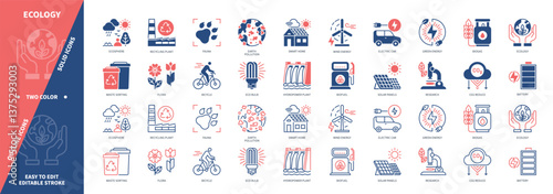 Ecology icon set. Green Energy, Recycling Plant, Solar Panels, Fauna, Earth Pollution, Bicycle, Biofuel, Wind Energy. Duotone color solid and editable outline icons