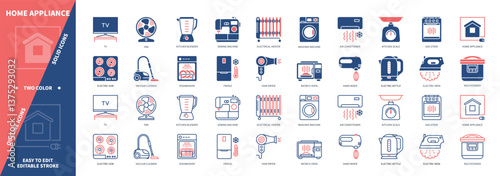 Home Appliance icon set. Washing Machine, Kettle, Vacuum Cleaner, Fridge, Electrical Heater, Electric Iron, Fan, TV. Duotone color solid and editable outline icons