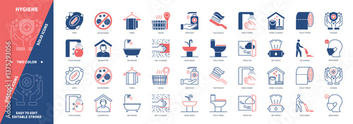 Hygiene icon set. Food Hygiene, Vacuuming, Wet Cleaning, Bathroom, Soap, Toothpaste, Fresh Air, Quarantine. Duotone color solid and editable outline icons