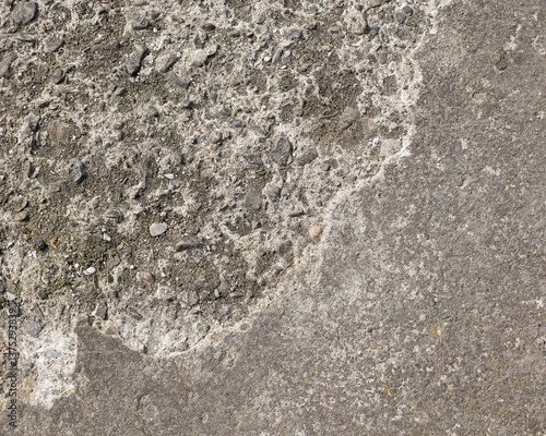 Background of destroyed concrete path, gray concrete, concrete texture, close-up. Natural photo. Old concrete slab