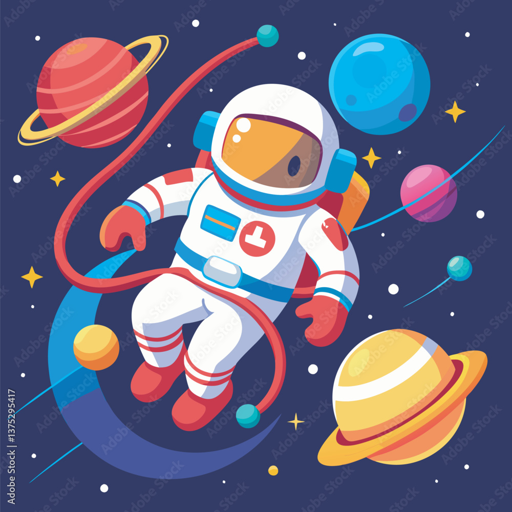 Naklejka premium Colorful Cosmic Scene with a Floating Cartoon Astronaut