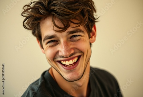 Portrait of a laughing young man with messy hair