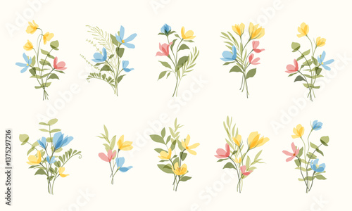 Set of soft dreamy romantic flowers, botanical illustrations, gentle bouquets. Nature colored wildflowers in flat style. Collection for wedding invitations, seasonal graphics, spring and summer design
