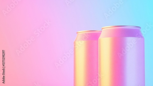Two Pink Aluminum Cans on Gradient Background, Blank drink cans, pastel colors, mockup