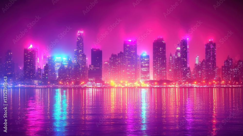 Fototapeta premium Neon Cityscape at Night: Vibrant Reflections on Calm Waters