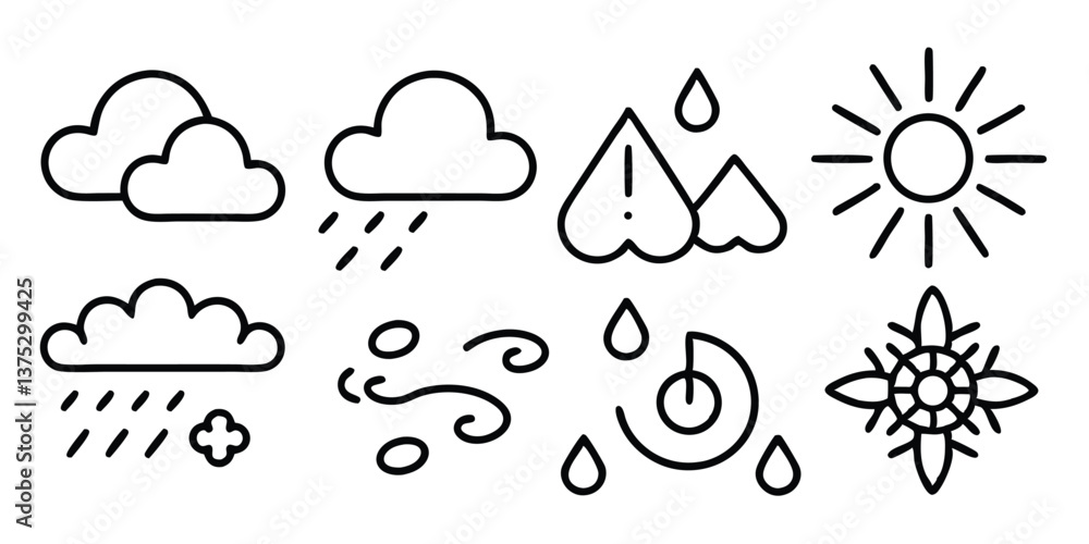 Weather icon set with sun, clouds, rain, and storm symbols Weather icon set with sun, clouds, rain, and storm symbols