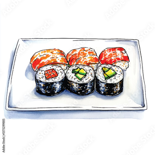 watercolor copic marker concept sketch of Sushi