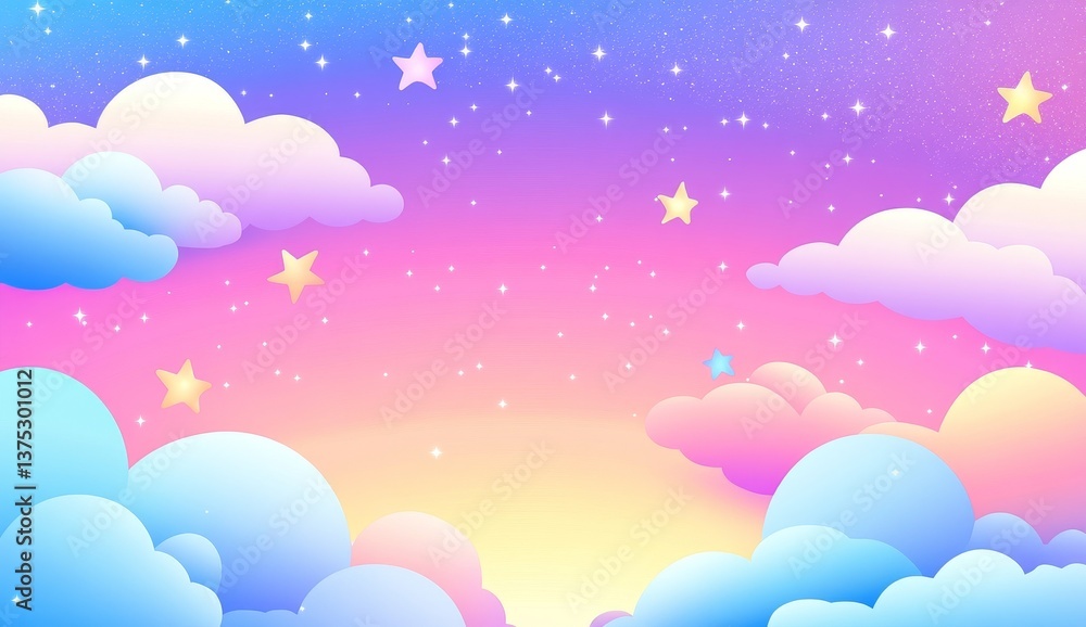 Pastel sky with clouds and stars. Soft colors, dreamy background Pastel sky with clouds and stars. Soft colors, dreamy background