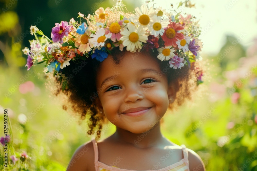 Early sunshine. Happy black toddler girl wearing multi-colored flower circlet on her head. Happy warm season symbol. Nature-loving child in the sun. Carefree girl with flower accessories. Early sunshine. Happy black toddler girl wearing multi-colored flower circlet on her head. Happy warm season symbol. Nature-loving child in the sun. Carefree girl with flower accessories.