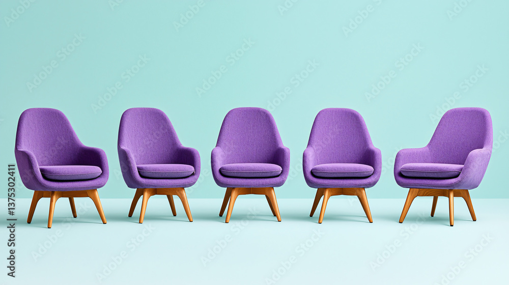 Obraz premium Five Purple Armchairs in a Row on a Light Blue Background Modern Furniture Design Aesthetic Display