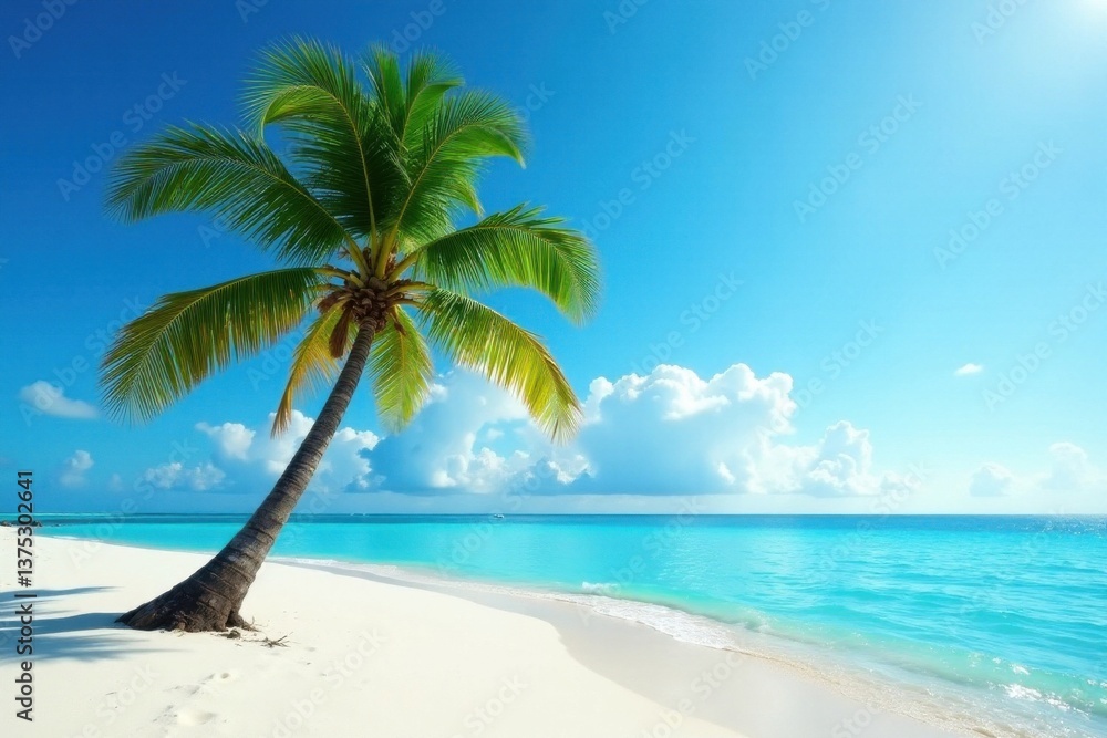 Obraz premium A lone coconut palm tree stands sentinel on a deserted tropical beach, with soft white sand and crystal clear waters in the distance , desaturated colors , palm tree, film photography
