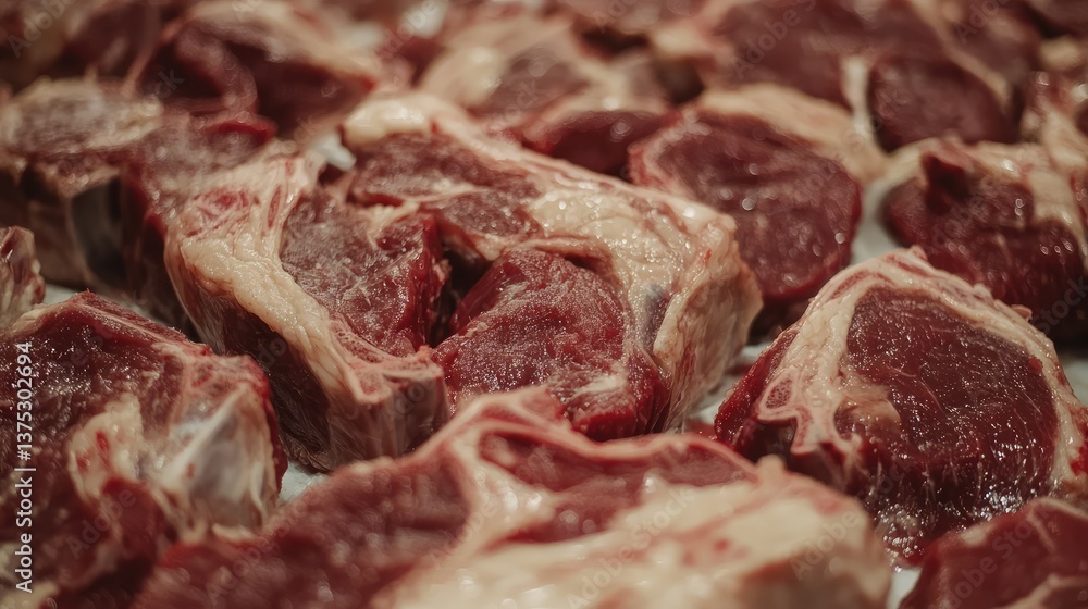 Obraz premium Close-up of fresh lamb cuts, including rack of lamb and chops, with room for marketing messages.
