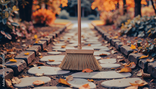 Rustic garden path being swept with a broom in autumn tones  