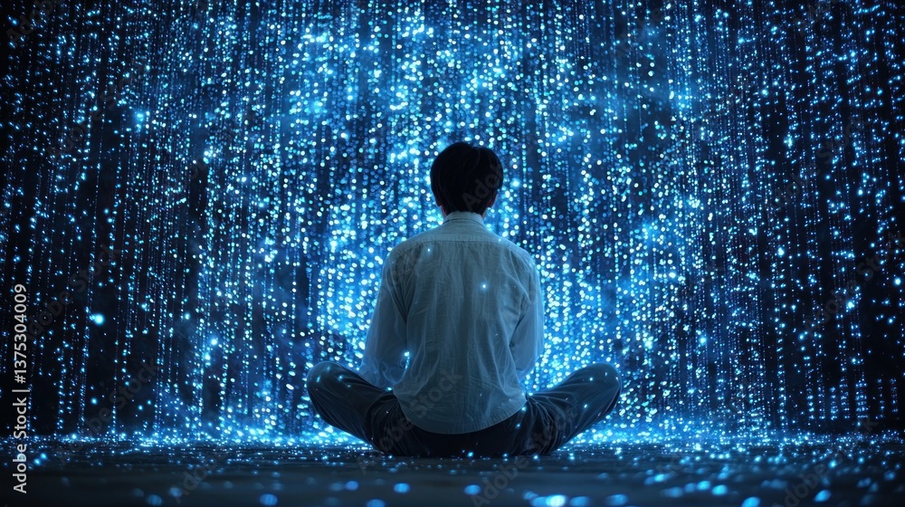 Contemplation Before the Digital Waterfall: A Man Meditates Amidst a Cascading Display of Blue Light Contemplation Before the Digital Waterfall: A Man Meditates Amidst a Cascading Display of Blue Light