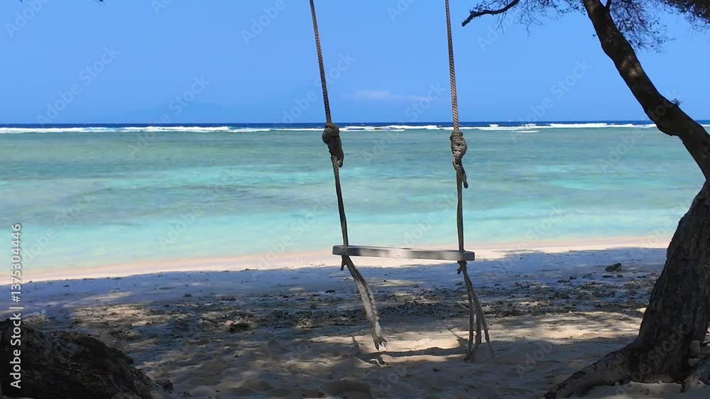 empty swing overlooking ocean, creating serene mood, Gili island Indonesia. Enjoy gentle sway and stunning views, for tranquility and relaxation, concept low season in tourism business empty swing overlooking ocean, creating serene mood, Gili island Indonesia. Enjoy gentle sway and stunning views, for tranquility and relaxation, concept low season in tourism business