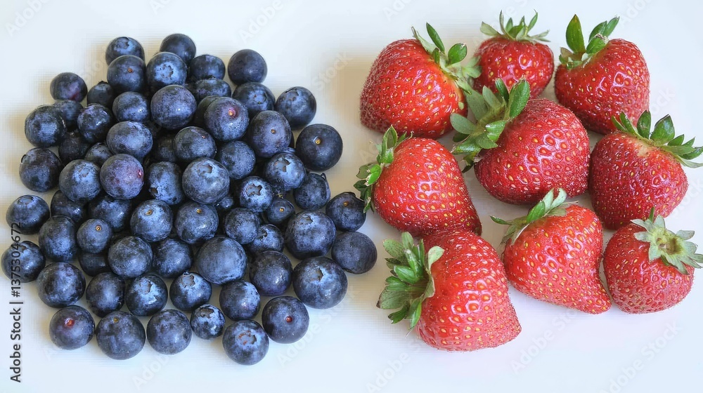 Freshly picked strawberries and blueberries on a white surface, with room above for text or logos. Freshly picked strawberries and blueberries on a white surface, with room above for text or logos.