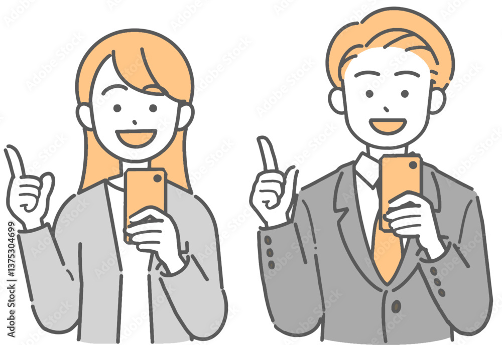 スマホを持って指差しをするスーツ姿の若い男女のイラスト スマホを持って指差しをするスーツ姿の若い男女のイラスト