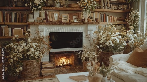 Cozy Fireplace Room with Abundant Flowers and Books