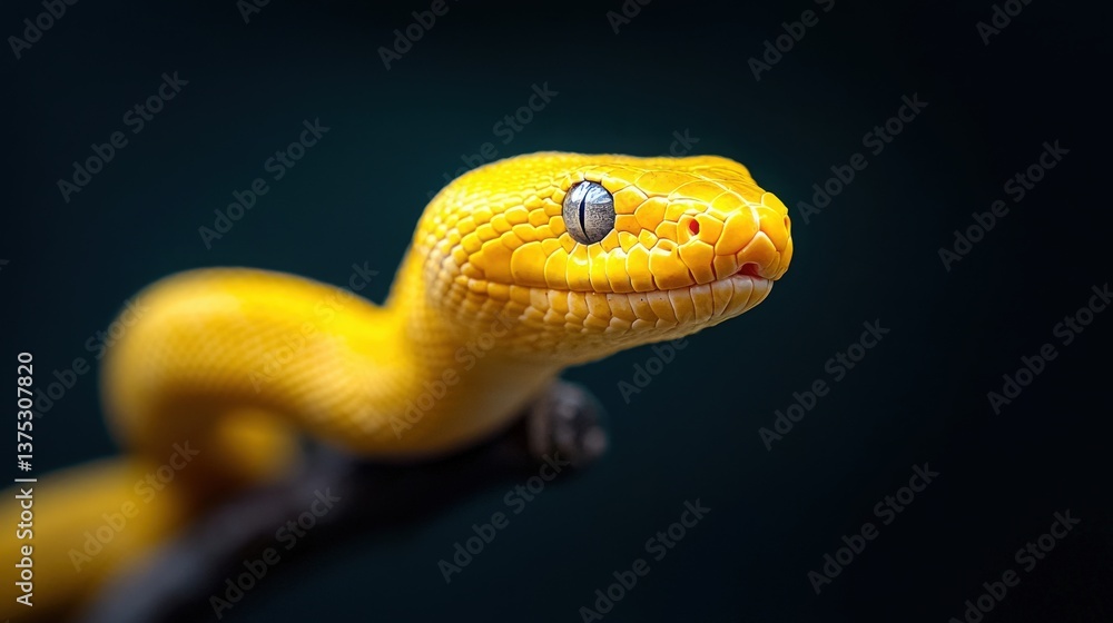 Fototapeta premium Golden Tree Boa Closeup, Yellow snake on a branch, exotic reptile