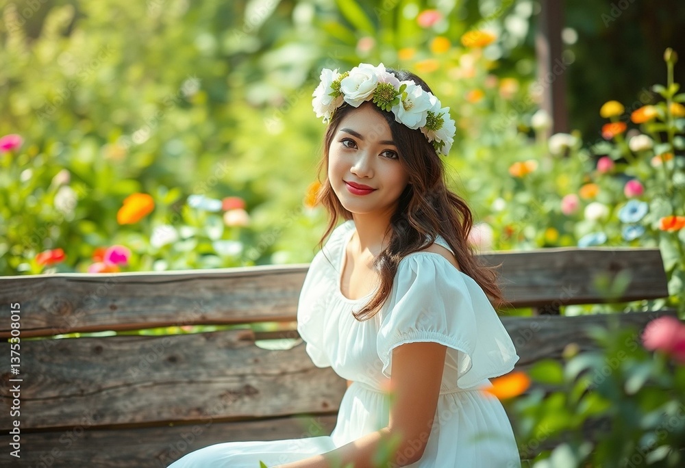 Obraz premium Serene garden portrait of a young woman with a floral crown
