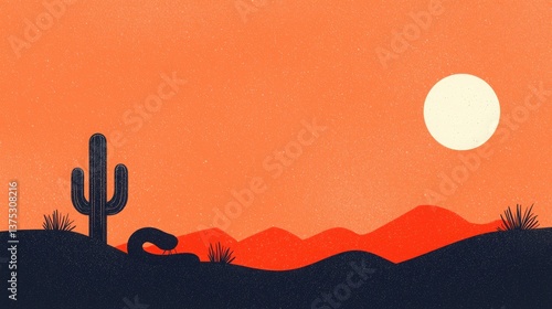Desert Sunset Minimalist Illustration, Simple desert landscape at sunset. Cactus, sun, and mountains.