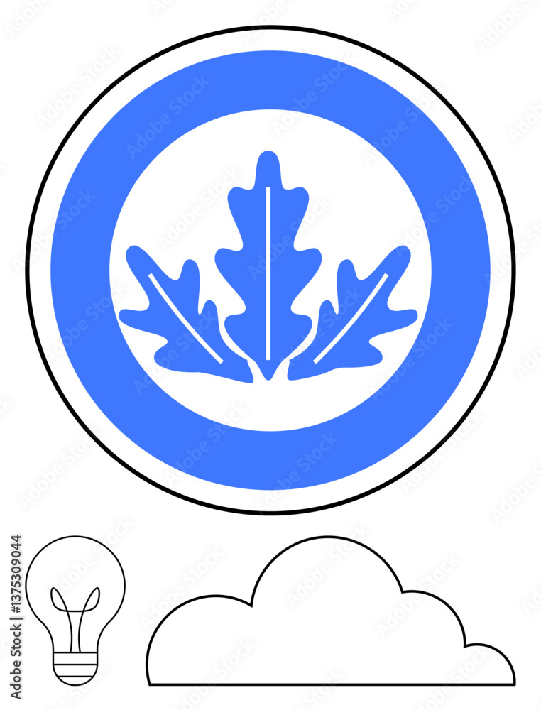 Obraz premium Blue oak leaves on circular background with lightbulb and cloud outline below. Ideal for innovation, environment, sustainability, creativity, growth, eco-friendly concepts, flat simple metaphor
