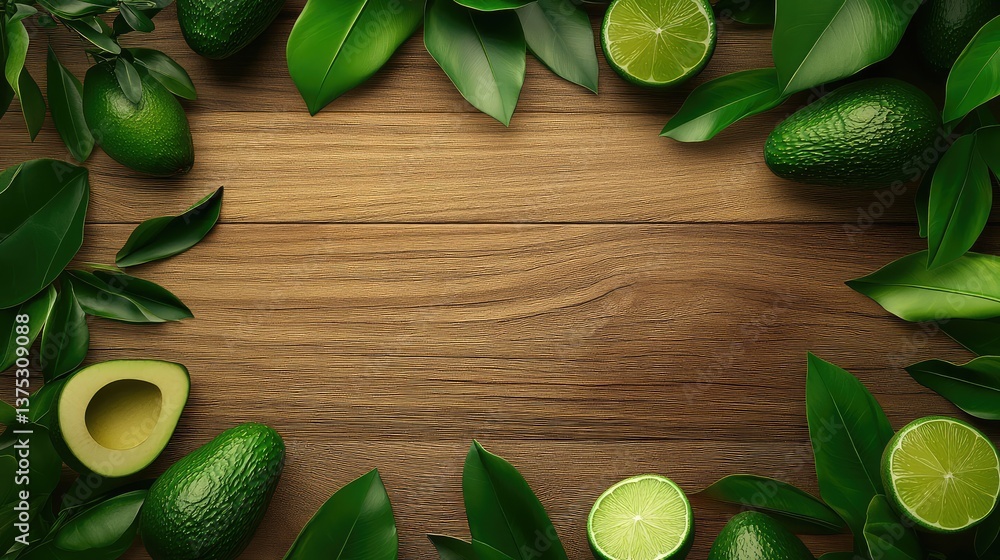 Organic avocados and limes arranged on a wooden surface, with clear space above for branding or text. Organic avocados and limes arranged on a wooden surface, with clear space above for branding or text.