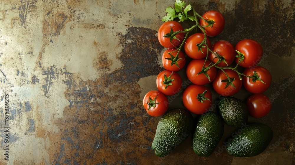 Organic avocados and ripe tomatoes arranged neatly on a kitchen counter, with room above for promotional text.