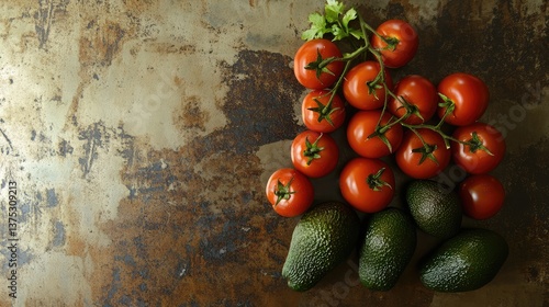 Obraz na płótnie Organic avocados and ripe tomatoes arranged neatly on a kitchen counter, with room above for promotional text. w salonie