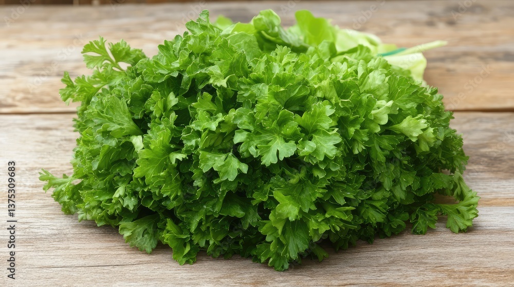 Organic green leafy vegetables and herbs like parsley and lettuce arranged on a clean wooden countertop with ample copy space. Organic green leafy vegetables and herbs like parsley and lettuce arranged on a clean wooden countertop with ample copy space.